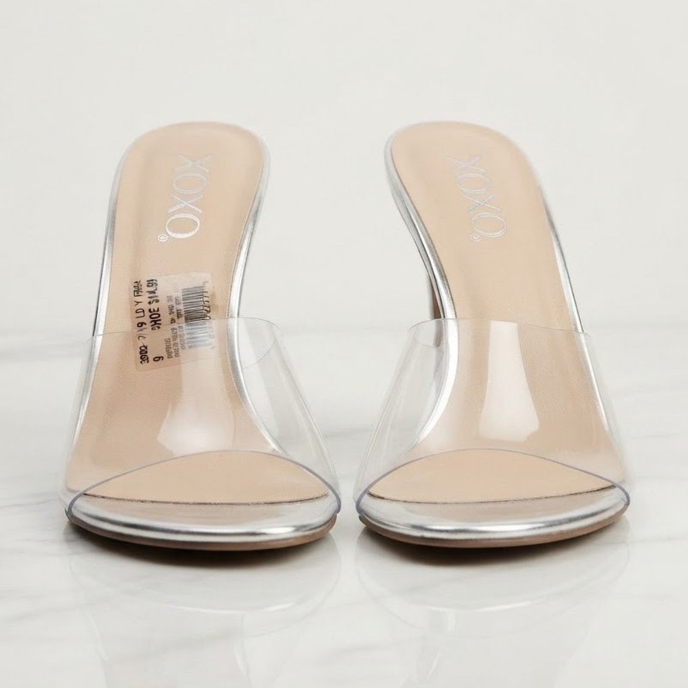 XOXO Silver Metallic Clear PVC Stiletto Heel Slide Sandals Formal Statement 9
